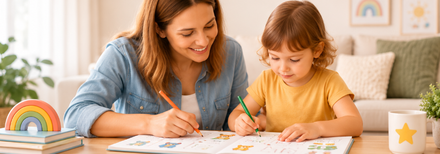 Mother and daughter doing a printable activity together