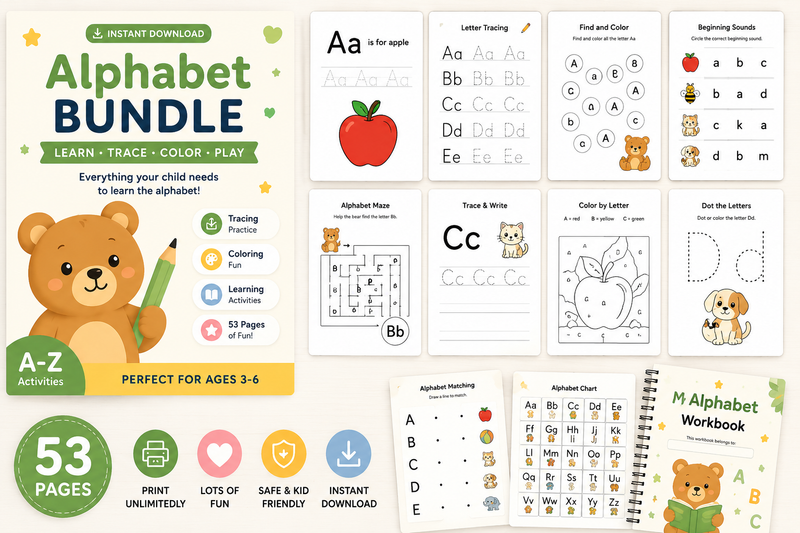 Printed activity pages with pencils